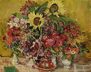 Adolf Hildenbrand, Grosses Blumenstillleben mit Sonnenblumen, OelMalkarton, 95 x 120 OIl 